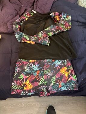 Black Tropical Two-Piece Swim Set with Colorful Leaf Print